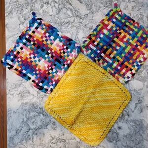 3pc Set Handwoven Cotton 2 Potholders 1 Dish Rag Multi-colored Country Homestead
